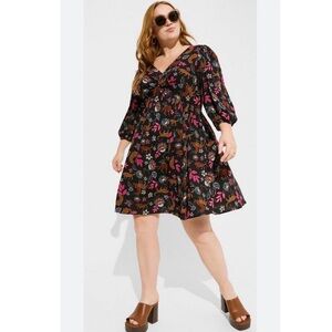 TORRID Mini Rayon Slub Balloon Sleeve Twist Front Dress Leopard Print Tie Back 1